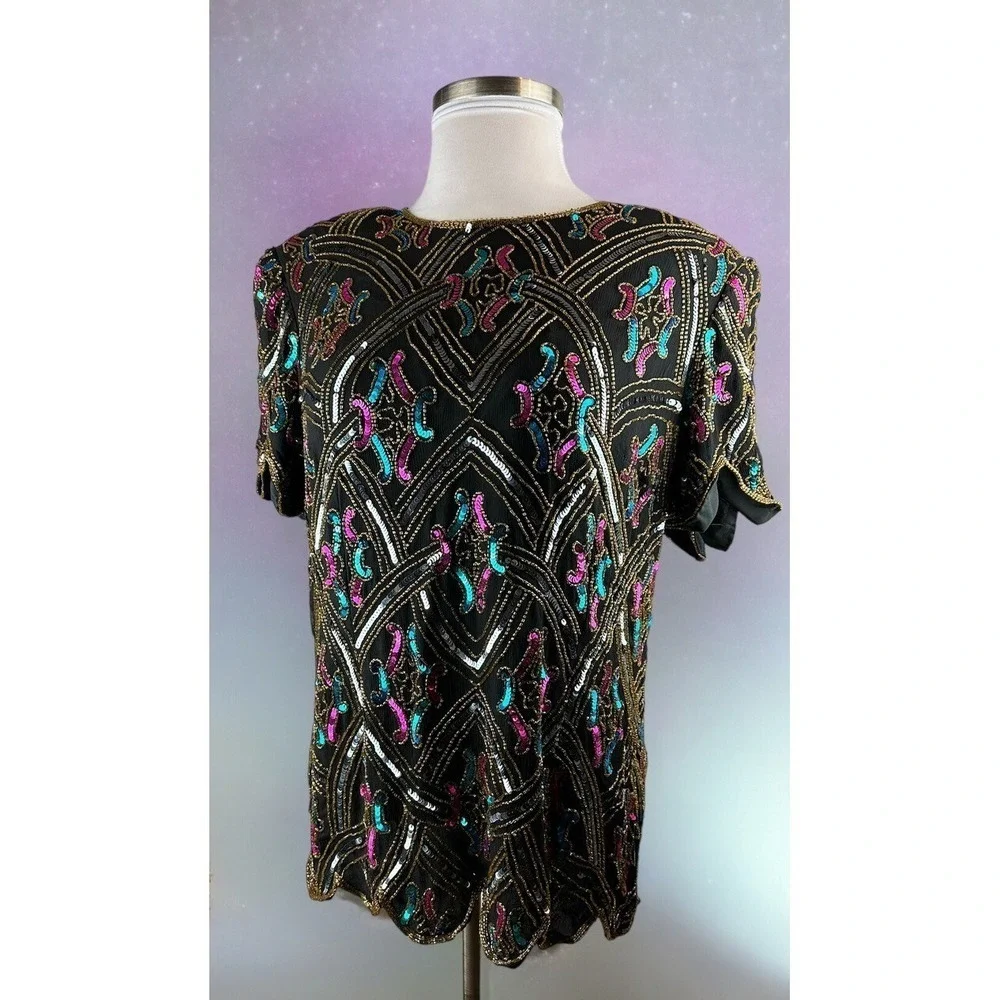 Vintage Papell Boutique Silk Sequin Beaded Embellished Top Black Plus Size 2X - Picture 12 of 12
